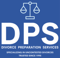 A blue and white logo of divorce preparation services.